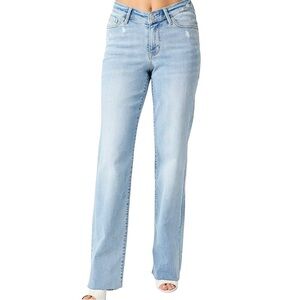 Judy Blue High Rise V Front Waistband Straight Jeans 13/31 Long Tall Raw Hem